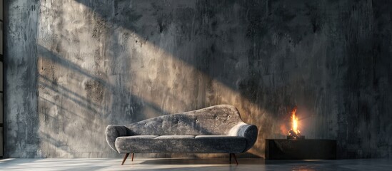 Obraz premium A gray velour sofa is surrounded by bright light coming from an artificial fireplace in a dark room with concrete walls, typical of a loft interior.