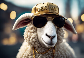 portrait of golden cap hop hip superstar and sunglasses on Funny sheep posing animal character fashion style gangster 