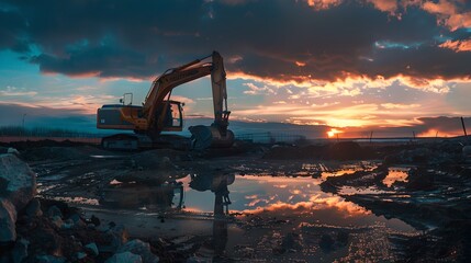 Silhouette of an excavator on a construction site against a breathtaking sunset sky reflecting in water puddles. Industrial landscape capturing the essence of development. AI - obrazy, fototapety, plakaty