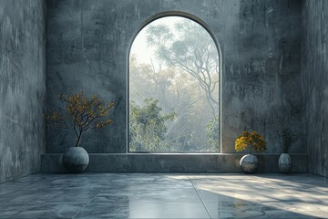 Stylishly minimal interior showcasing an arched window that frames a captivating view of lush greenery and sky - obrazy, fototapety, plakaty