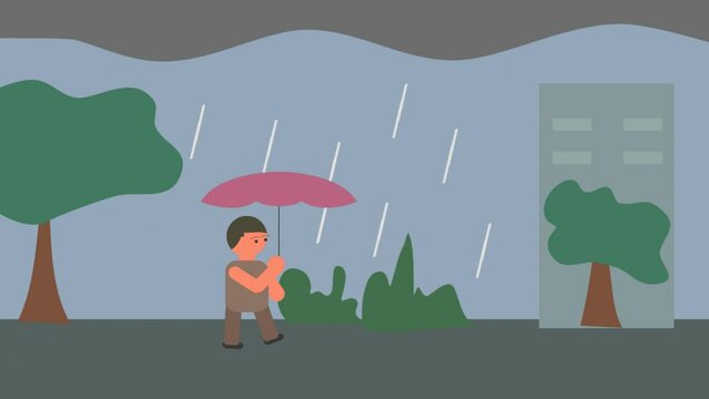 Animated vector illustration of a walk in the rain flat design