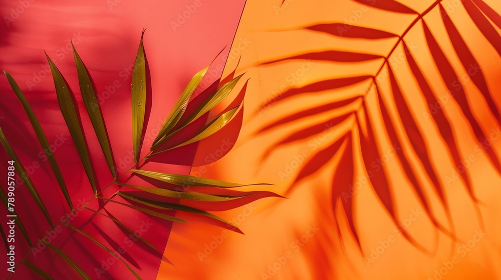 Aufkleber red and orange color background with tropical palm shadow two trend pastel paper and exotic plant sh