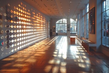 A beautiful art gallery space basking in the glow of warm sunlight filtering through a geometric wall installation