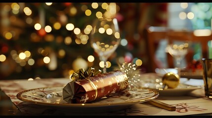 Close up of Christmas table setting with a Christmas cracker arranged on a plate and Christmas tree in the background : Generative AI - Powered by Adobe