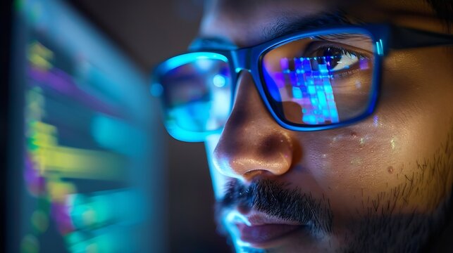 Closeup portrait of focused software engineer wearing eyeglasses looking at computer screen working with big data Programming code reflecting in glasses Data science Machine Learning A : Generative AI