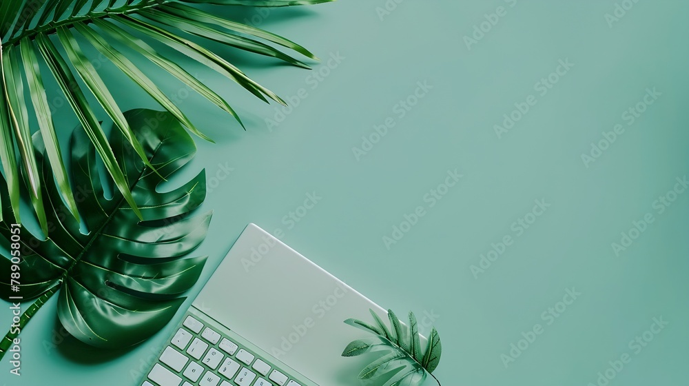 Aufkleber flat lay banner simple trendy office desk with keyboard and botanical tropical elements minimal mode