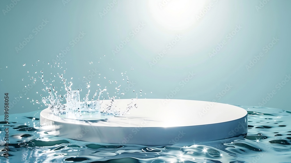 Poster empty white circle podium on transparent clear dark blue water texture with splashes and waves in su