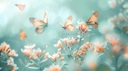 A delicate tableau of spring, where blossoming flowers meet the soft hues of a dreamy backdrop, with a dainty butterfly fluttering amidst petals dusted with magical bokeh sparks