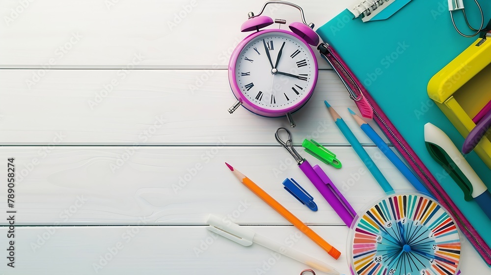 Poster different stationery with alarm clock and stylish school uniform on white wooden background : genera