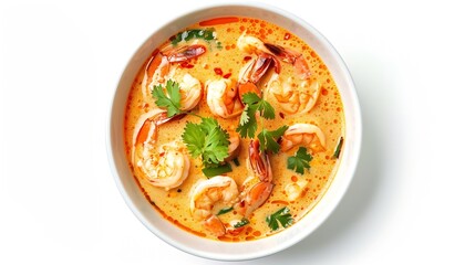 Flat lay top view Spicy Thai Prawn Coconut Milk soup isolated on white background : Generative AI