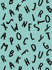 template with the image of keyboard symbols. set of letters. Surface template. pastel green blue background. Vertical image.