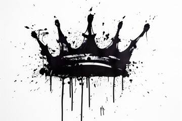 A detailed black and white drawing of a regal crown, grunge ink graffiti spray pattern splashes...