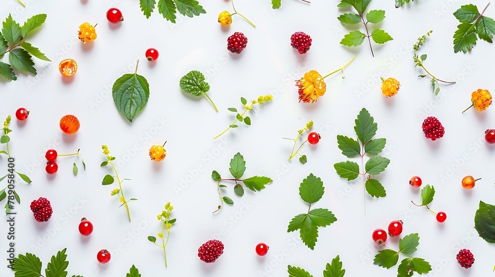 Poster Colorful bright pattern of leaves berries and flowers on white background Flat lay top view with copy space : Generative AI