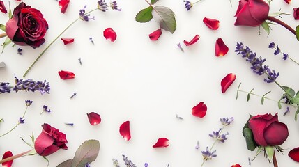 wreath frame with roses lavender branches leaves and petals isolated on white background flat lay overhead view : Generative AI