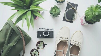 Fashion flat lay for bloggers social media Feminine accessories bag shoes office supplies vintage no name photo camera and green plant on white background : Generative AI