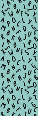 template with the image of keyboard symbols. set of letters. Surface template. pastel green blue background. Vertical image. Vertical banner for insertion into site.