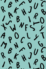 template with the image of keyboard symbols. set of letters. Surface template. pastel green blue background. Vertical image.