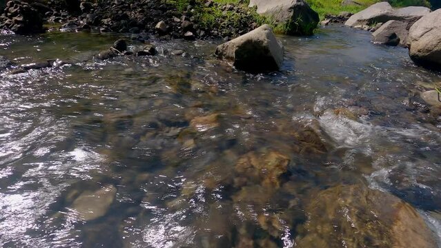 Slow panning shot footage view of shallow water rocky riverside