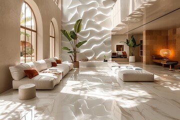 An opulent living room that seamlessly blends natural textures with modern comforts illuminated by sunlight