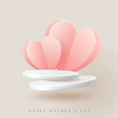 Mother's day poster for product demonstration. White pedestal or podium with hearts on beige background.