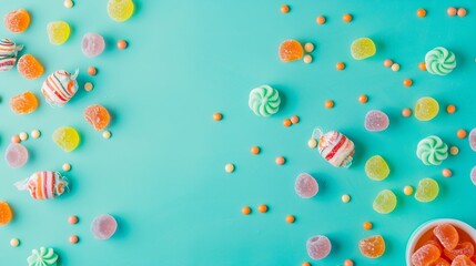 Colorful candies on pastel turquoise background Flat lay top view : Generative AI