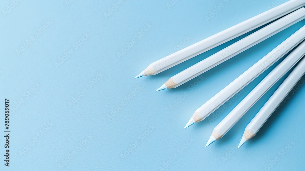 Poster white pencils on blue pastel paper background for copy space minimal concept : generative ai