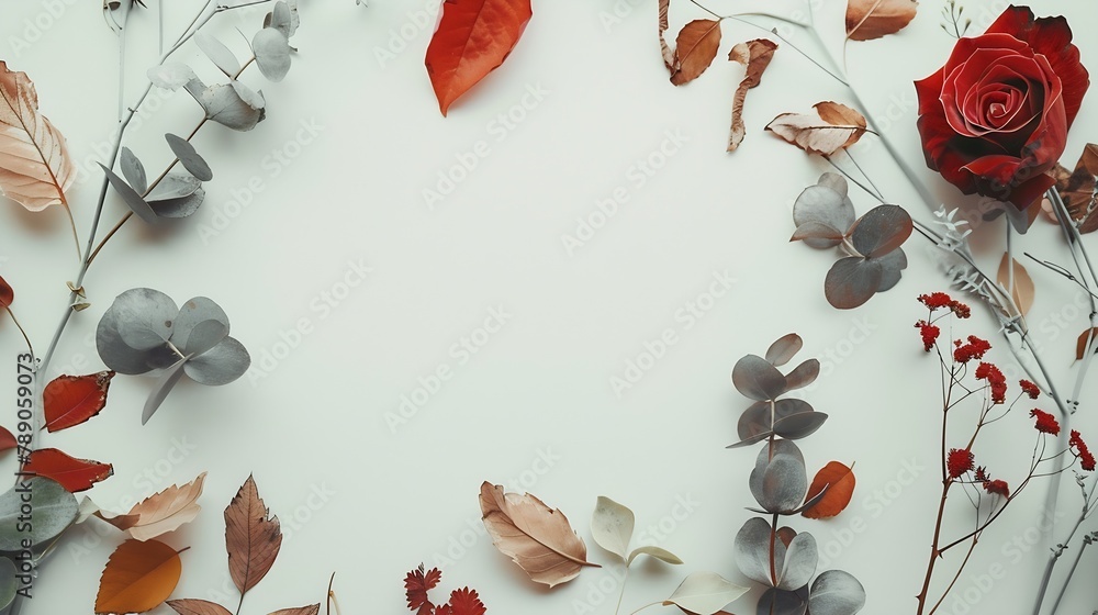 Poster autumn composition frame made of eucalyptus branches rose flowers dried leaves on white background a