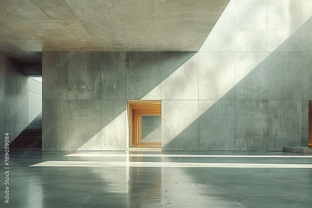 Poster a minimalist structural design with raw concrete architecture and light play