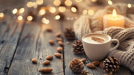 Hot coffee drink almonds cosy knitted sweater on wooden background with candles and pine cones copy space Hygge and home comfort concept Seasonal winter cosy composition : Generative AI