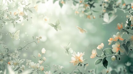 A serene springtime scene with delicate white blooms and gentle butterflies, creating a dreamy, pastel-toned backdrop, evoking the fresh, hopeful essence of spring