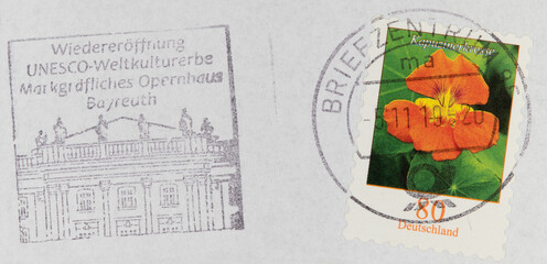 stamp german orange vintage retro old antique paper cancellation original flower plant