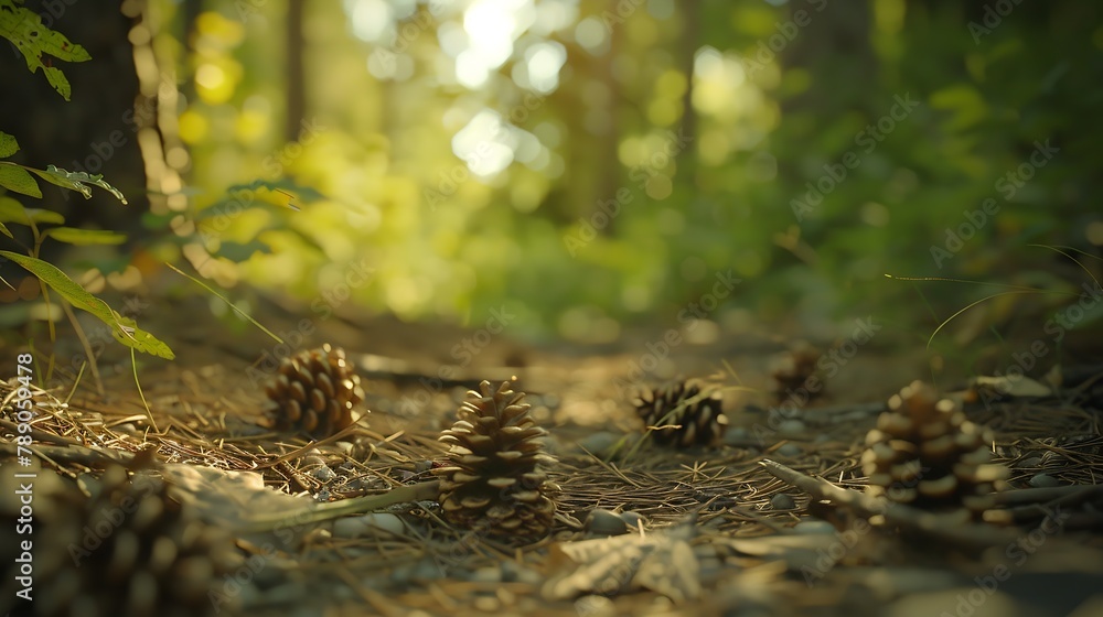 Aufkleber Forest path closeup with cones and roots Low point of view in nature landscape Blurred nature background copy space Park low focus depth Ecology environment : Generative AI