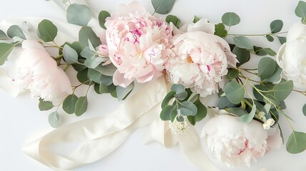 Feminine wedding or birthday table composition with floral bouquet White and pink peonies flowers eucalyptus and silk ribbon Festive greeting card invitation Empty space Flat lay top v : Generative AI