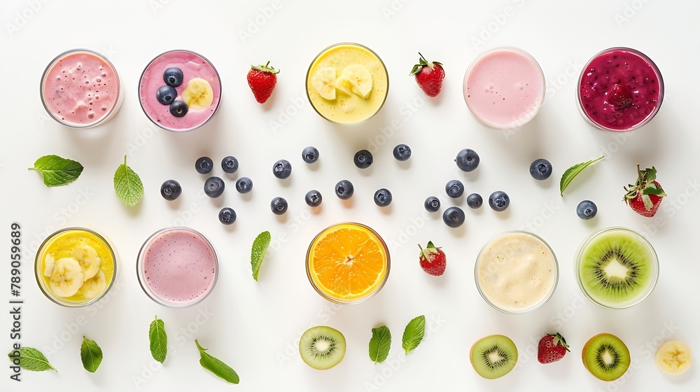Aufkleber creative layout made of smoothies and fruits around flat lay food concept smoothies on the white bac