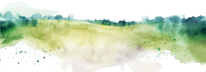 watercolor illustration background landscape with grass and mountains - obrazy, fototapety, plakaty