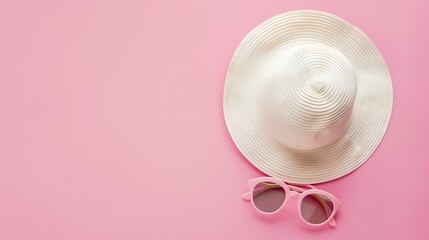 Baby accessories sunglasses and a hat on a pink background Little girls accessories flat lay : Generative AI