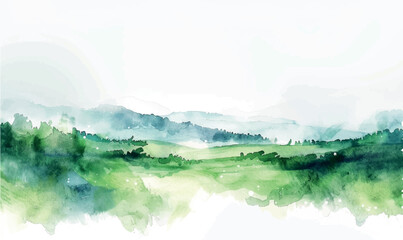 watercolor illustration background landscape with grass and mountains