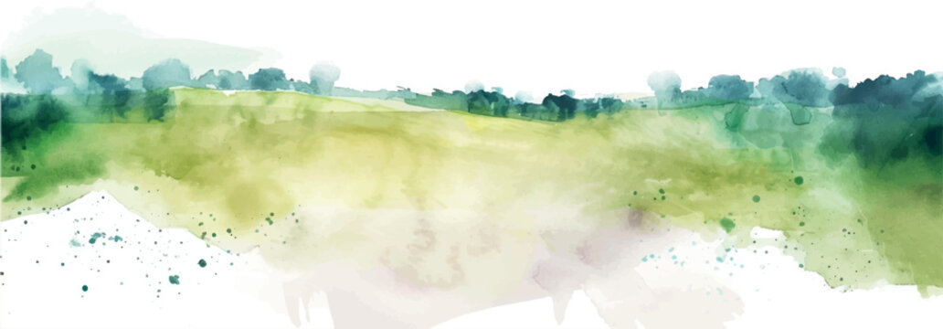 watercolor illustration background landscape with grass and mountains