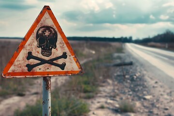 Deadly poison. Road side icon warning sign with skull and cross bones . - obrazy, fototapety, plakaty