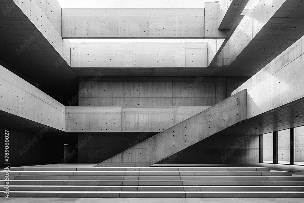 Poster a symmetrical view of a minimalist architectural structure with bold geometric shapes and lines