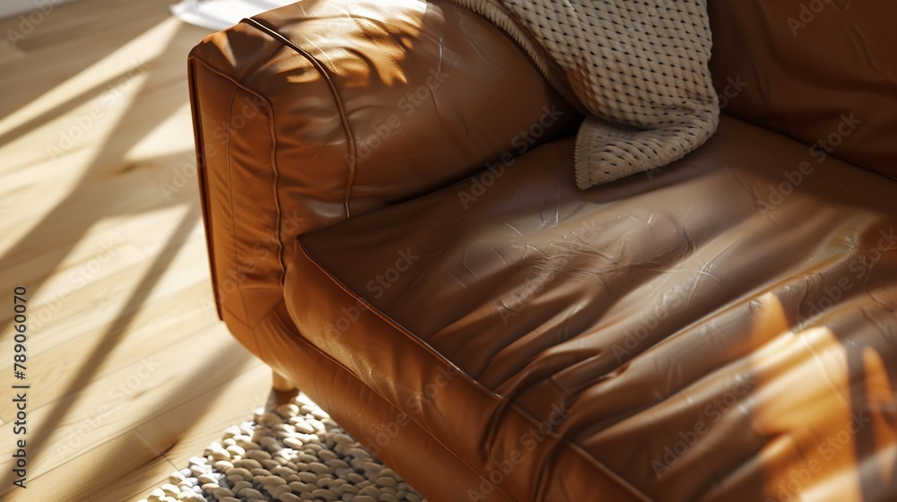 Poster close up of isolated modern elegant brown leather lounge sofa on timber floor within federation hous
