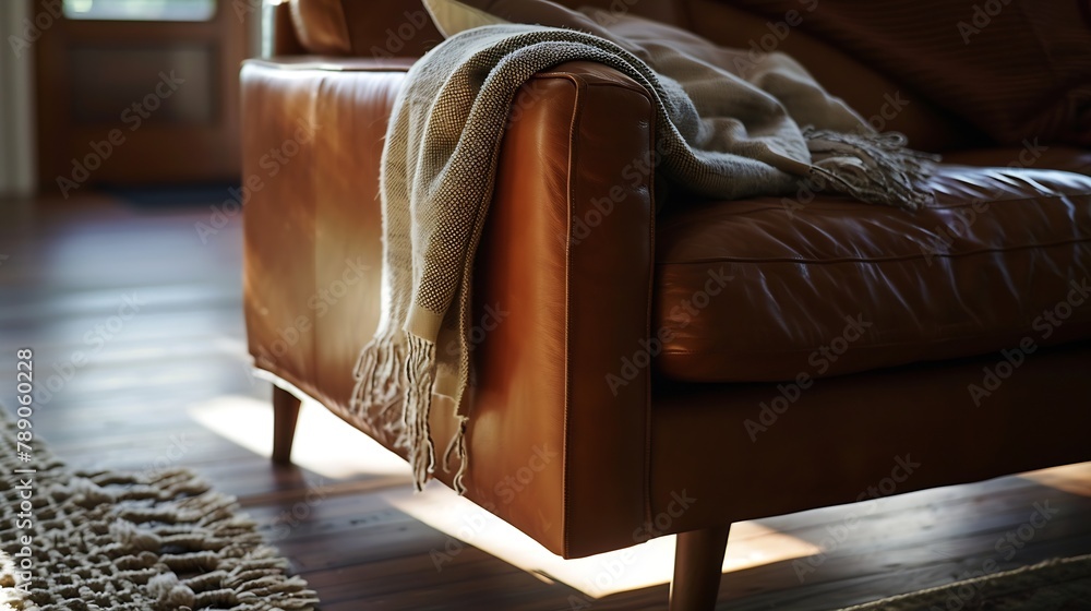Poster close up of isolated modern elegant brown leather lounge sofa on timber floor within federation hous