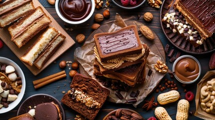 Capture the beauty of a peanut butter sandwich against a backdrop of delicious desserts and breakfast snacks all set against a mouth watering food spread in the top photo