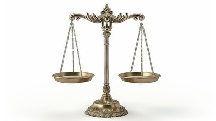 Antique golden balance scale on white background