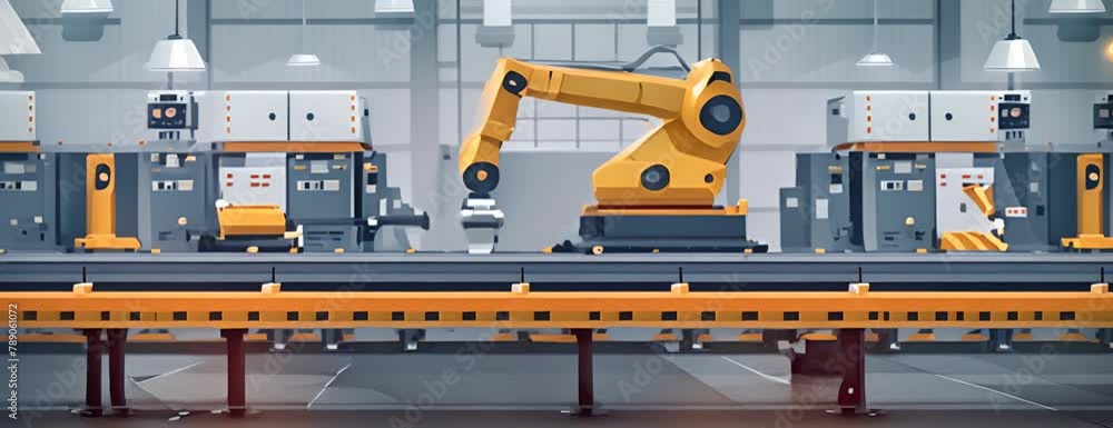 Poster robot conveyor production line of machines in a machine factory. vector simple illustration 4k video