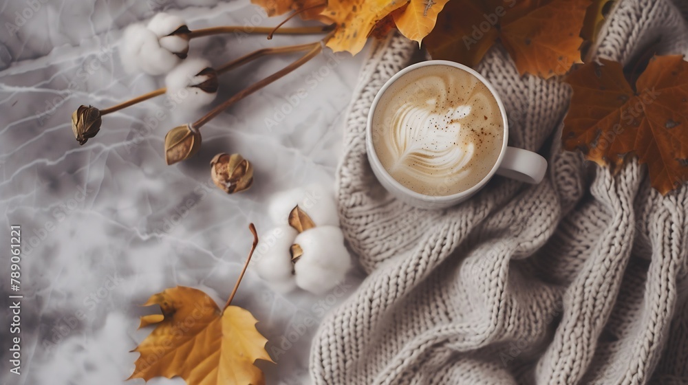 Aufkleber autumn composition a cup of coffee cotton flowers autumn leaves and sweater on stone background flat