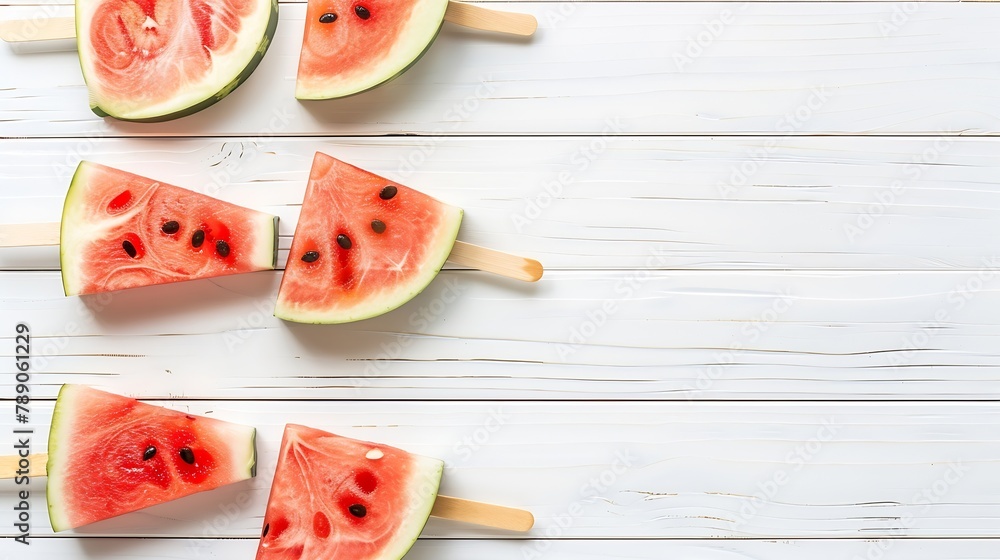 Aufkleber watermelon popsicle on wooden white background watermelon slices on sticks top view fat lay copy spa