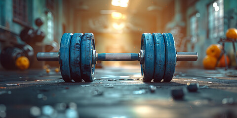 Fitness sport strength training, bodybuilding background - Closeup of blue barbell dumbbell weight on the floor in gym