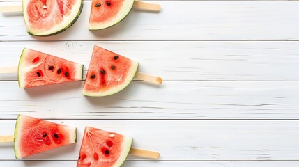 Watermelon popsicle on wooden white background Watermelon slices on sticks Top view fat lay copy space : Generative AI - Powered by Adobe