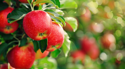 close up of red apples on tree in apple orchard. nature background. red apples hanging on the tree ready for picking